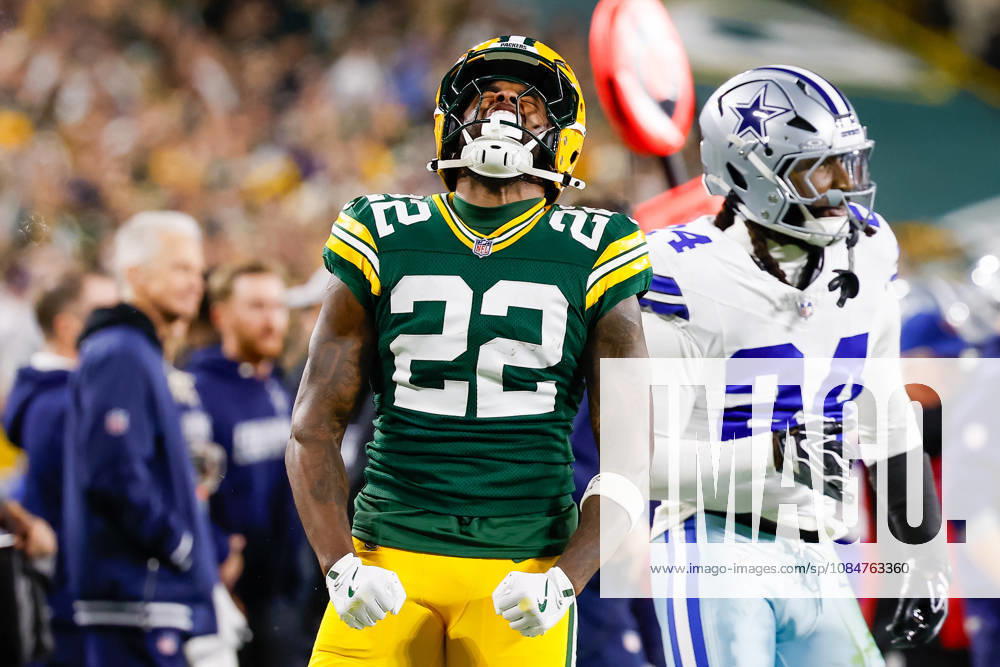 Oct 18, 2026; Green Bay, WI, USA; Green Bay Packers running back Pierre Strong Jr. (22) celebrates after making a first down during the NFL, American Football Herren, USA game against the Dallas Cowboys at Lambeau Field. Mandatory Credit: -Cal Media. Green Bay USA - ZUMAc04_ 20261018_zma_c04_412