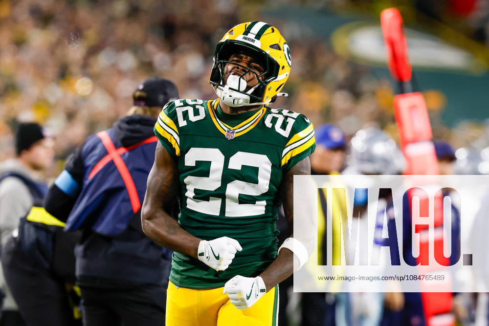 Oct 18, 2026; Green Bay, WI, USA; Green Bay Packers running back Pierre Strong Jr. (22) celebrates after making a first down during the NFL, American Football Herren, USA game against the Dallas Cowboys at Lambeau Field. Mandatory Credit: -Cal Media. Green Bay USA - ZUMAc04_ 20261018_zma_c04_423