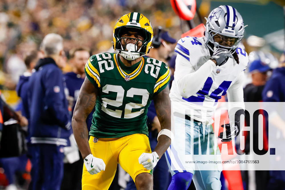 Oct 18, 2026; Green Bay, WI, USA; Green Bay Packers running back Pierre Strong Jr. (22) celebrates after making a first down during the NFL, American Football Herren, USA game against the Dallas Cowboys at Lambeau Field. Mandatory Credit: -Cal Media. Green Bay USA - ZUMAc04_ 20261018_zma_c04_434