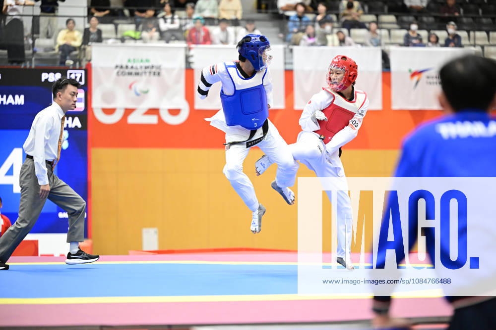 (L-R) KAENKHAM Thanwa (THA), Mitsuya Tanaka (JPN), OCTOBER 19, 2026 - Para Taekwondo : Mens K44 -58kg Quarter-Final during the Asian Para Games Aichi-Nagoya 2026 at Nagoya City Mizuho Park Gymnasium in Aichi, Japan. Noxthirdxpartyxsales aflo_357271140 KikuchixKyox
