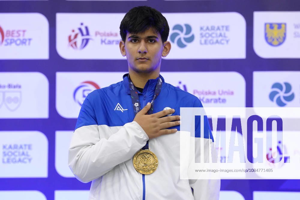 2026 World Cadet, Junior & U21, U 21 Karate Championships BIELSKO-BIALA, POLAND - OCTOBER 17: Gold medallist Shamo Kamilov of Azerbaijan stands on the podium during the medal ceremony for the cadet male kumite +70kg at the 2026 World Cadet, Junior & U21 Karate Championships at Hala Pod Debowcem on October 17, 2026 in Bielsko-Biala, Poland. Bielsko-Biala Hala Pod Debowcem Poland