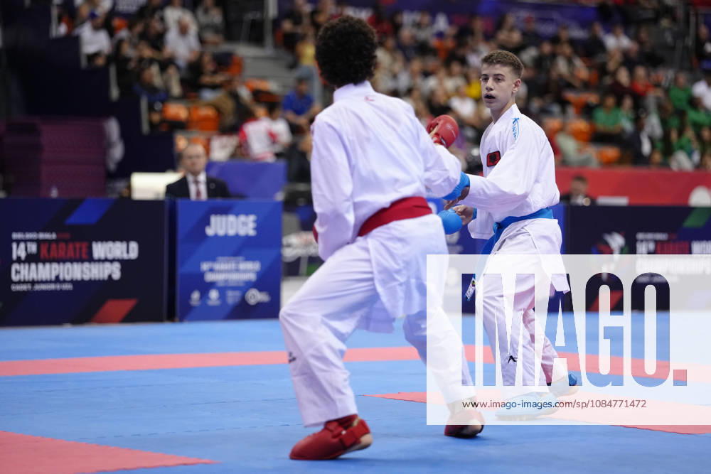 2026 World Cadet, Junior & U21, U 21 Karate Championships BIELSKO-BIALA, POLAND - OCTOBER 17: Neevis Hasani of Albania (R) competes in the junior male kumite -55kg bronze-medal bout during the 2026 World Cadet, Junior & U21 Karate Championships at Hala Pod Debowcem on October 17, 2026 in Bielsko-Biala, Poland. Bielsko-Biala Hala Pod Debowcem Poland