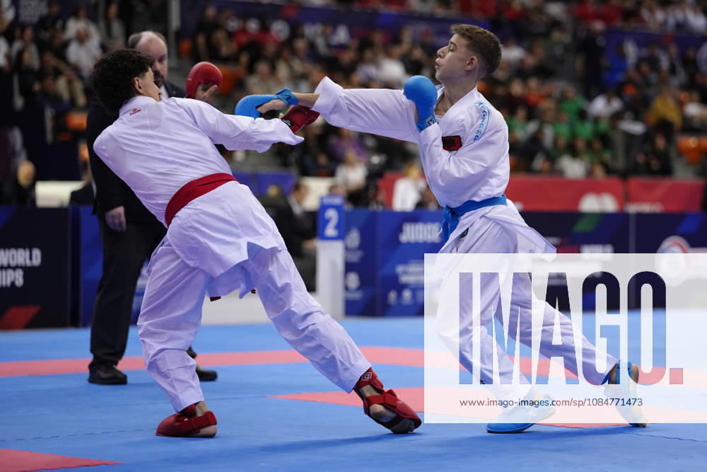 2026 World Cadet, Junior & U21, U 21 Karate Championships BIELSKO-BIALA, POLAND - OCTOBER 17: Neevis Hasani of Albania (R) competes in the junior male kumite -55kg bronze-medal bout during the 2026 World Cadet, Junior & U21 Karate Championships at Hala Pod Debowcem on October 17, 2026 in Bielsko-Biala, Poland. Bielsko-Biala Hala Pod Debowcem Poland