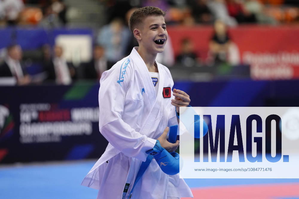 2026 World Cadet, Junior & U21, U 21 Karate Championships BIELSKO-BIALA, POLAND - OCTOBER 17: Neevis Hasani of Albania celebrates after winning the junior male kumite -55kg bronze-medal bout at the 2026 World Cadet, Junior & U21 Karate Championships at Hala Pod Debowcem on October 17, 2026 in Bielsko-Biala, Poland. Bielsko-Biala Hala Pod Debowcem Poland