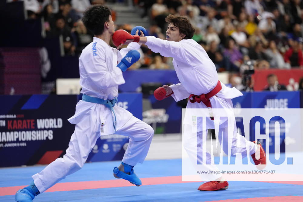 2026 World Cadet, Junior & U21, U 21 Karate Championships BIELSKO-BIALA, POLAND - OCTOBER 17: Denis Dobrovolschi of Moldova (L) competes against Vladyslav Kanivets of Ukraine during the junior male kumite -68kg bronze-medal bout at the 2026 World Cadet, Junior & U21 Karate Championships at Hala Pod Debowcem on October 17, 2026 in Bielsko-Biala, Poland. Bielsko-Biala Hala Pod Debowcem Poland
