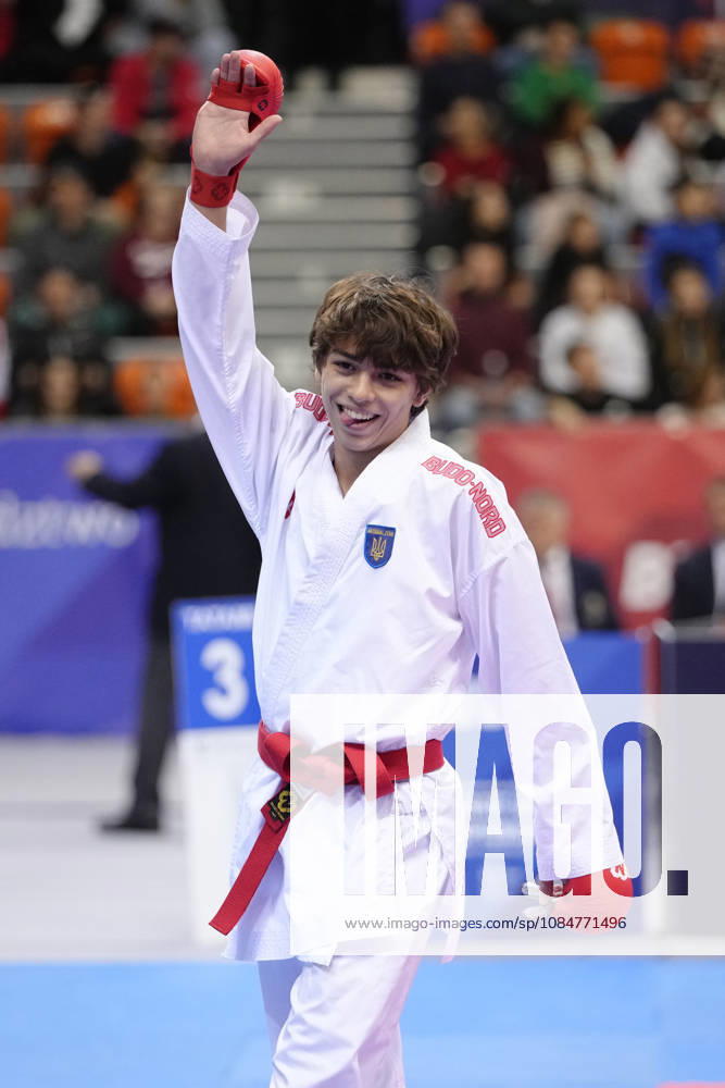 2026 World Cadet, Junior & U21, U 21 Karate Championships BIELSKO-BIALA, POLAND - OCTOBER 17: Vladyslav Kanivets of Ukraine celebrates after winning the junior male kumite -68kg bronze-medal bout at the 2026 World Cadet, Junior & U21 Karate Championships at Hala Pod Debowcem on October 17, 2026 in Bielsko-Biala, Poland. Bielsko-Biala Hala Pod Debowcem Poland