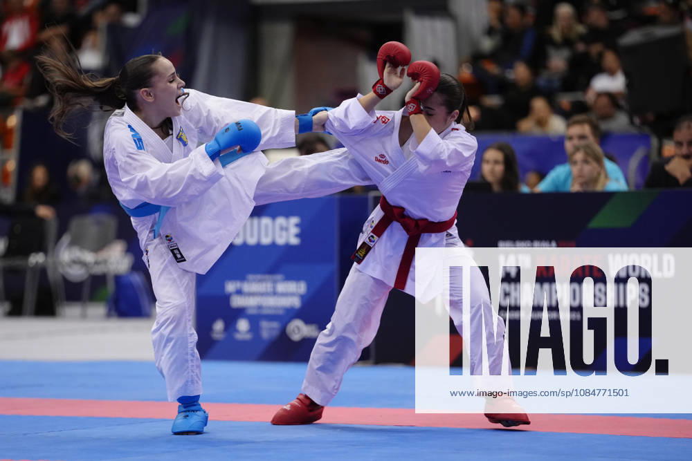 2026 World Cadet, Junior & U21, U 21 Karate Championships BIELSKO-BIALA, POLAND - OCTOBER 17: Vieronika Kotenko of Ukraine (L) competes against Nadira Garcia Ruiz of Spain during the junior female kumite -48kg bronze-medal bout at the 2026 World Cadet, Junior & U21 Karate Championships at Hala Pod Debowcem on October 17, 2026 in Bielsko-Biala, Poland. Bielsko-Biala Hala Pod Debowcem Poland