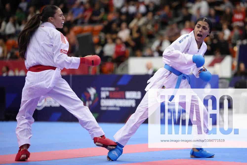 2026 World Cadet, Junior & U21, U 21 Karate Championships BIELSKO-BIALA, POLAND - OCTOBER 17: Ilaria Bianco of Italy (L) competes against Setayesh Ghanei Fard of Iran during the junior female kumite -53kg bronze-medal bout at the 2026 World Cadet, Junior & U21 Karate Championships at Hala Pod Debowcem on October 17, 2026 in Bielsko-Biala, Poland. Bielsko-Biala Hala Pod Debowcem Poland