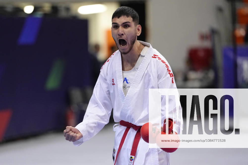 2026 World Cadet, Junior & U21, U 21 Karate Championships BIELSKO-BIALA, POLAND - OCTOBER 17: Armando Muca of Albania celebrates after winning the junior male kumite -76kg bronze-medal bout at the 2026 World Cadet, Junior & U21 Karate Championships at Hala Pod Debowcem on October 17, 2026 in Bielsko-Biala, Poland. Bielsko-Biala Hala Pod Debowcem Poland