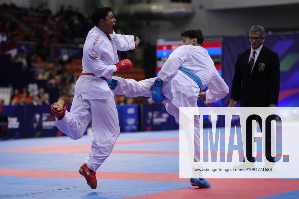 2026 World Cadet, Junior & U21, U 21 Karate Championships BIELSKO-BIALA, POLAND - OCTOBER 17: Joao Vitor Souza of Brazil (L) competes against Michal Przasnyski of Poland during the junior male kumite +76kg bronze-medal bout at the 2026 World Cadet, Junior & U21 Karate Championships at Hala Pod Debowcem on October 17, 2026 in Bielsko-Biala, Poland. Bielsko-Biala Hala Pod Debowcem Poland