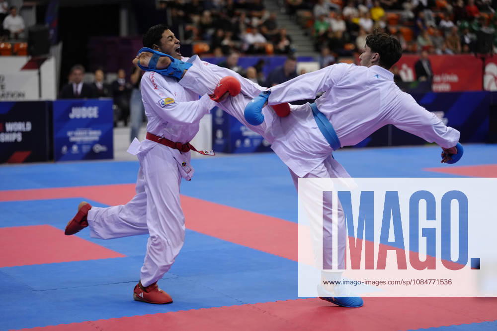 2026 World Cadet, Junior & U21, U 21 Karate Championships BIELSKO-BIALA, POLAND - OCTOBER 17: Joao Vitor Souza of Brazil (L) competes against Michal Przasnyski of Poland during the junior male kumite +76kg bronze-medal bout at the 2026 World Cadet, Junior & U21 Karate Championships at Hala Pod Debowcem on October 17, 2026 in Bielsko-Biala, Poland. Bielsko-Biala Hala Pod Debowcem Poland