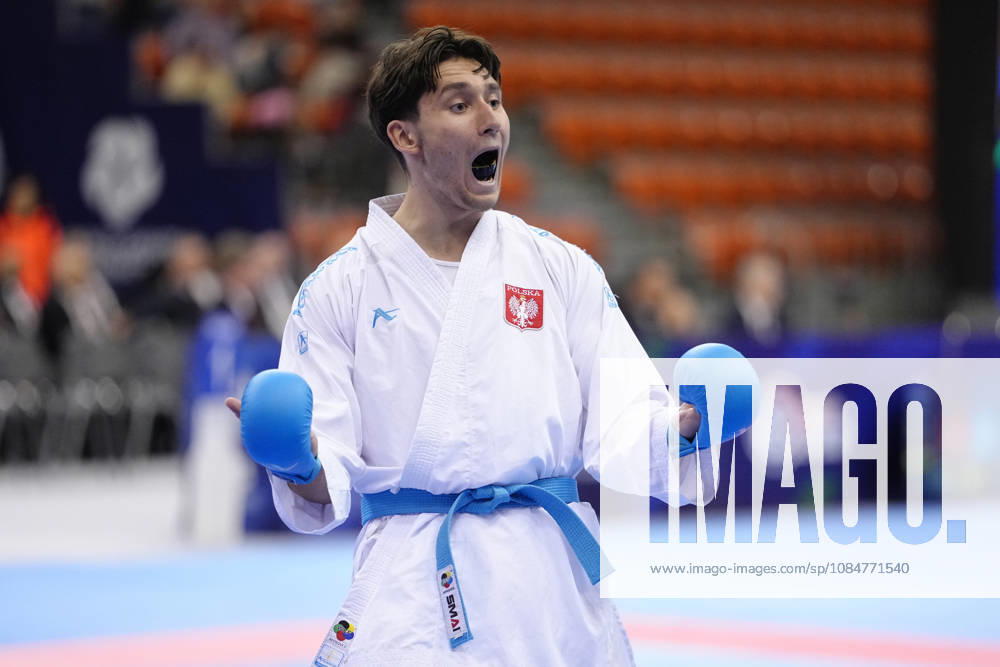 2026 World Cadet, Junior & U21, U 21 Karate Championships BIELSKO-BIALA, POLAND - OCTOBER 17: Michal Przasnyski of Poland reacts during the junior male kumite +76kg bronze-medal bout at the 2026 World Cadet, Junior & U21 Karate Championships at Hala Pod Debowcem on October 17, 2026 in Bielsko-Biala, Poland. Bielsko-Biala Hala Pod Debowcem Poland