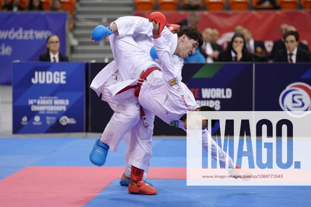 2026 World Cadet, Junior & U21, U 21 Karate Championships BIELSKO-BIALA, POLAND - OCTOBER 17: Michal Przasnyski of Poland (L) competes against Joao Vitor Souza of Brazil during the junior male kumite +76kg bronze-medal bout at the 2026 World Cadet, Junior & U21 Karate Championships at Hala Pod Debowcem on October 17, 2026 in Bielsko-Biala, Poland. Bielsko-Biala Hala Pod Debowcem Poland