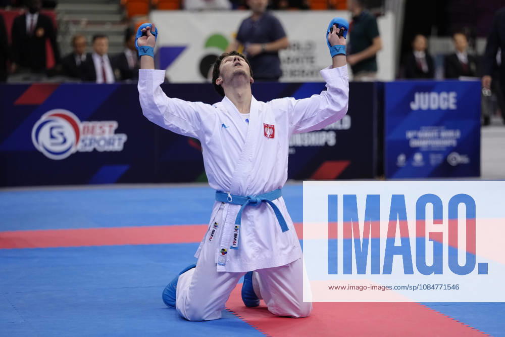 2026 World Cadet, Junior & U21, U 21 Karate Championships BIELSKO-BIALA, POLAND - OCTOBER 17: Michal Przasnyski of Poland celebrates after winning the junior male kumite +76kg bronze-medal bout at the 2026 World Cadet, Junior & U21 Karate Championships at Hala Pod Debowcem on October 17, 2026 in Bielsko-Biala, Poland. Bielsko-Biala Hala Pod Debowcem Poland