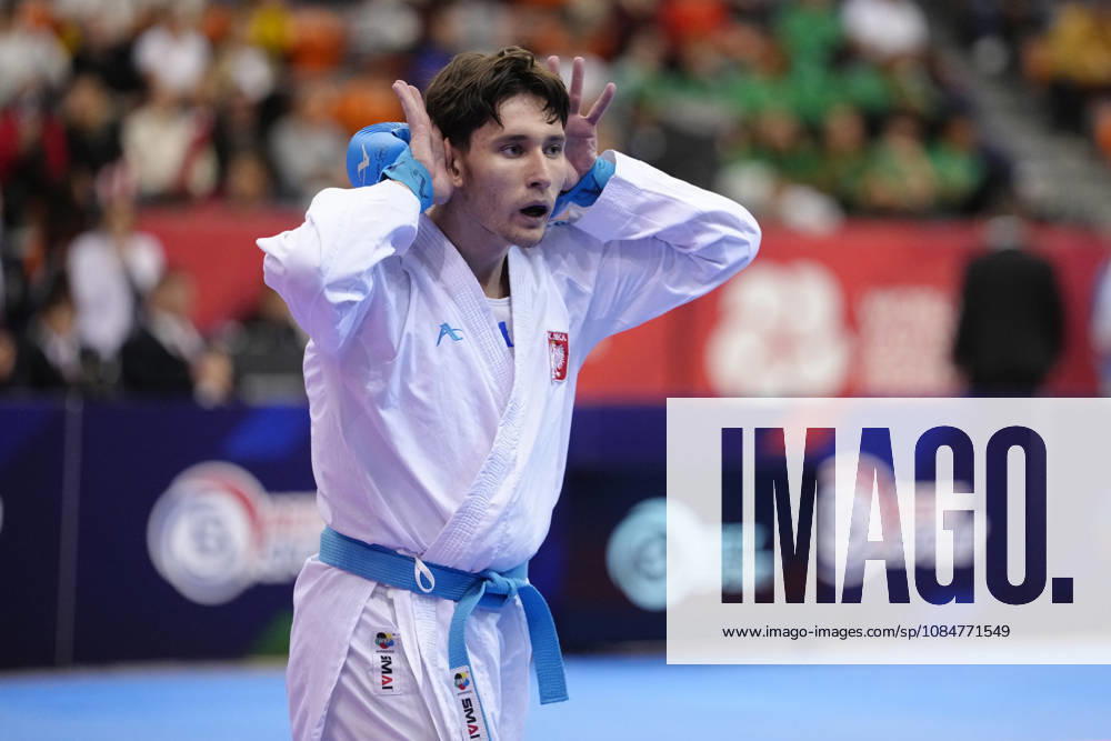 2026 World Cadet, Junior & U21, U 21 Karate Championships BIELSKO-BIALA, POLAND - OCTOBER 17: Michal Przasnyski of Poland celebrates after winning the junior male kumite +76kg bronze-medal bout at the 2026 World Cadet, Junior & U21 Karate Championships at Hala Pod Debowcem on October 17, 2026 in Bielsko-Biala, Poland. Bielsko-Biala Hala Pod Debowcem Poland