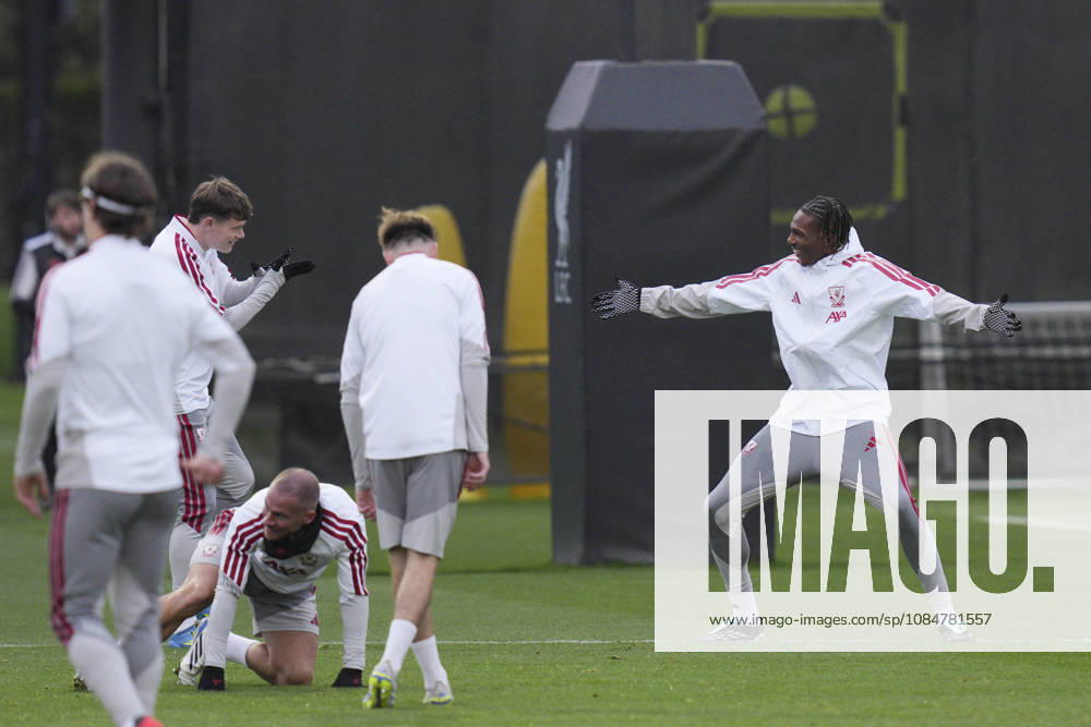 Liverpool Training, Champions League Jérémy Jacquet of Liverpool FC jokes with his teammates during the Liverpool Training Session ahead of the UEFA Champions League Matchday 3 v Villarreal CF, AXA Training Centre, Liverpool, United Kingdom on 19 October 2026 Credit: Steve Flynn Every Second Media Editorial use only. All images are copyright Every Second Media Limited. No images may be reproduced without prior permission.