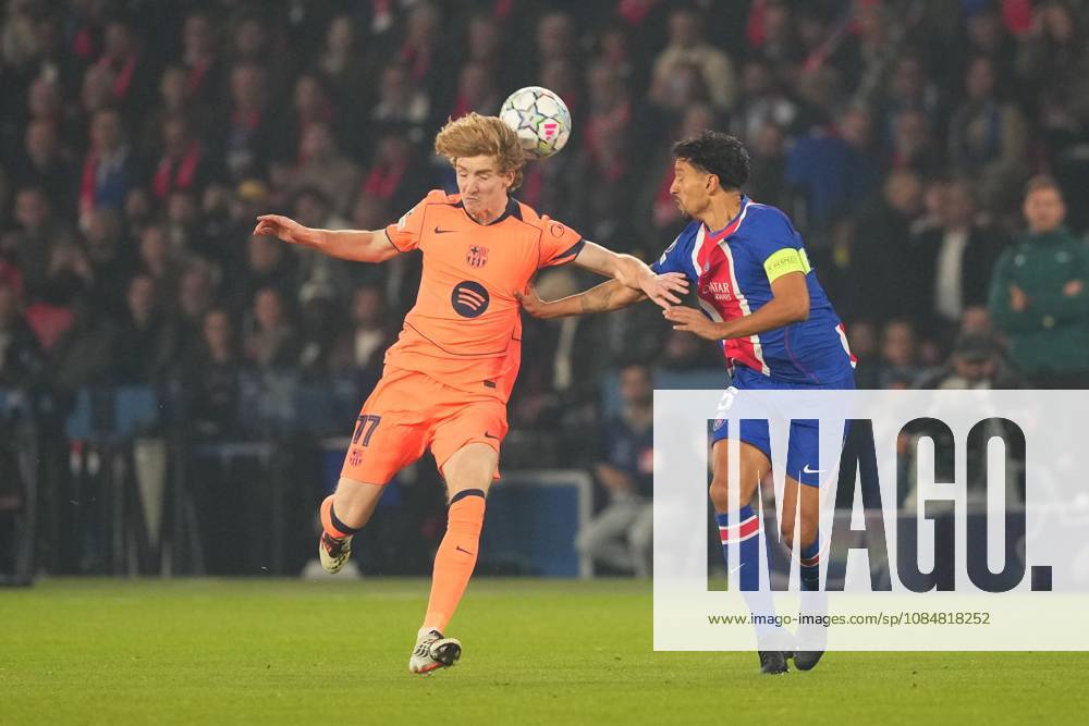 Anthony Gordon of Barcelona takes on Marquinhos of PSG Paris Saint-Germain v Barcelona, UEFA Champions League, Football, Parc des Princes, Paris, France - 20 Oct 2026Paris Parc des Princes France