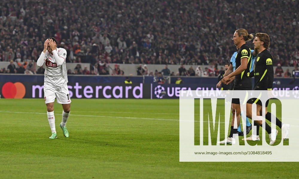 2026–2027 UEFA Champions League, Matchday 3, VfB Stuttgart vs. Atlético Madrid, at the MHP Arena in Stuttgart, Bilal El Khannouss of Stuttgart covers his face with his hands