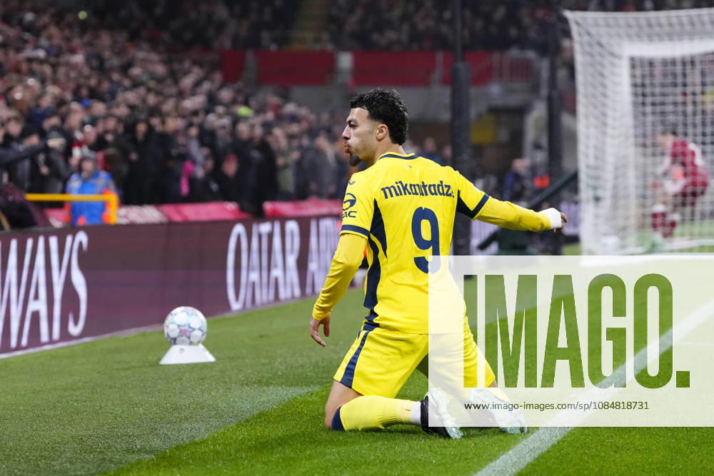 Liverpool FC v Villarreal CF - UEFA Champions League 2026 27 League Phase MD3 Georges Mikautadze centre-forward of Villarreal and Georgia celebrates after scoring his sides first goal during the UEFA Champions League 2026 27 League Phase MD3 match between Liverpool FC and Villarreal CF at Anfield on October 20, 2026 in Liverpool, United Kingdom. Liverpool England United Kingdom