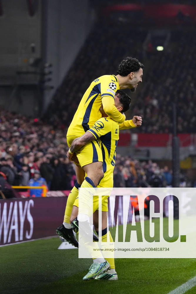 Liverpool FC v Villarreal CF - UEFA Champions League 2026 27 League Phase MD3 Georges Mikautadze centre-forward of Villarreal and Georgia celebrates after scoring his sides first goal during the UEFA Champions League 2026 27 League Phase MD3 match between Liverpool FC and Villarreal CF at Anfield on October 20, 2026 in Liverpool, United Kingdom. Liverpool England United Kingdom