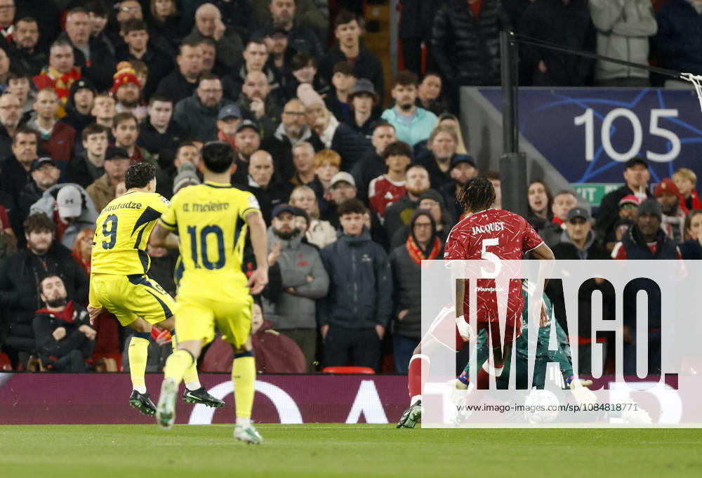 Liverpool, England, 20th October 2026. Georges Mikautadze of Villarreal scores the first goal during the Liverpool vs Villarreal UEFA Champions League match at Anfield, Liverpool. Picture credit should read: Cody Froggatt Sportimage . SPI_013_CF_LIVERPOOL_VILLARREAL SPI-5089-0011