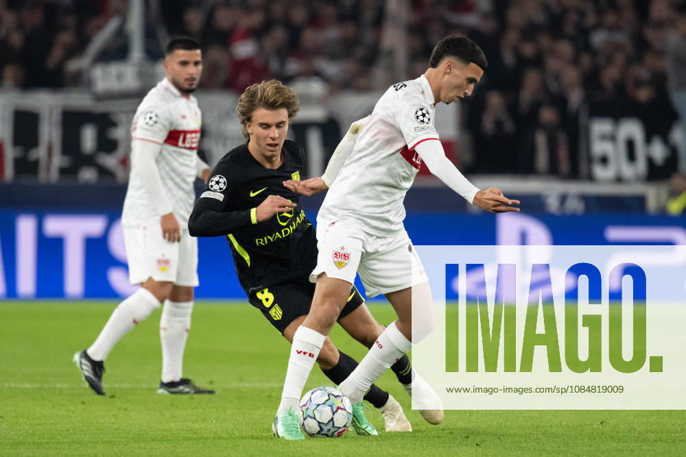 GER, Soccer, Men s, UEFA Champions League, 2026–2027 Season, Matchday 3, VfB Stuttgart vs. Atlético Madrid, Pablo Barrios (Atlético Madrid), 08, Bilal El Khannouss (VfB Stuttgart), 11, Stuttgart MHP Arena, Baden-Württemberg, Germany