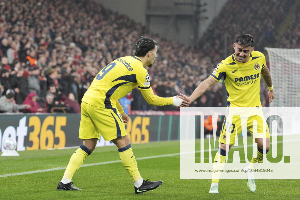 Liverpool v Villarreal CF, UEFA Champions League Georges Mikautadze of Villarreal CF celebrates with Alberto Moleiro of Villarreal CF after scoring to make it 0-1 during Liverpool v Villarreal CF UEFA Champions League Matchday 3 at Anfield, Liverpool, England on 20 October 2026 Credit: Steve Flynn Every Second Media Editorial use only. All images are copyright Every Second Media Limited. No images may be reproduced without prior permission.