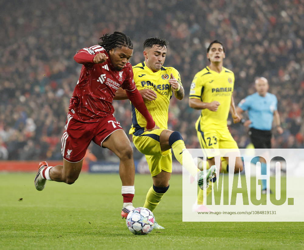 Liverpool, England, 20th October 2026. Rio Ngumoha of Liverpool tussles with Alberto Moleiro of Villarreal during the Liverpool vs Villarreal UEFA Champions League match at Anfield, Liverpool. Picture credit should read: Cody Froggatt Sportimage . SPI_014_CF_LIVERPOOL_VILLARREAL SPI-5089-0014