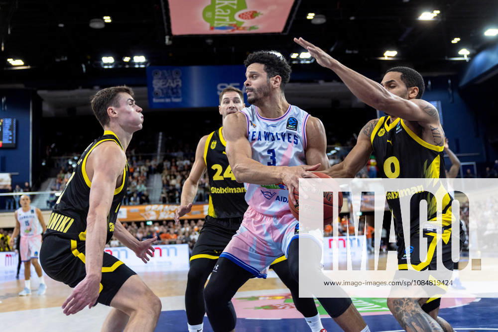 Dominic Lockhart, ROSTOCK SEAWOLVES, 03, Elijah Mitrou Long, Aris Thessaloniki, 00 Stefan Jovic, Aris Thessaloniki, 24 GER, Rostock Seawolves vs. Aris Thessaloniki, Basketball, BKT EuroCup, 2026–2027 season, October 20, 2026 GER, Rostock Seawolves vs. Aris Thessaloniki, Basketball, BKT EuroCup, 2026–2027 season, October 20, 2026 Germany