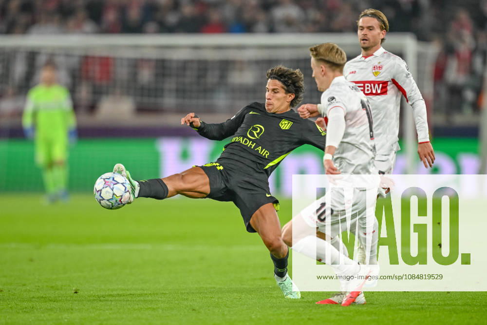 Giuliano Simeone of Atlético Madrid and Chris Fuehrich of VfB Stuttgart battle for the ball during the 2026–2027 UEFA Champions League match between Stuttgart and Atlético de Madrid at Arena Stuttgart on October 20, 2026, in Stuttgart, Germany. Photo by Harry Langer, DeFodi Images