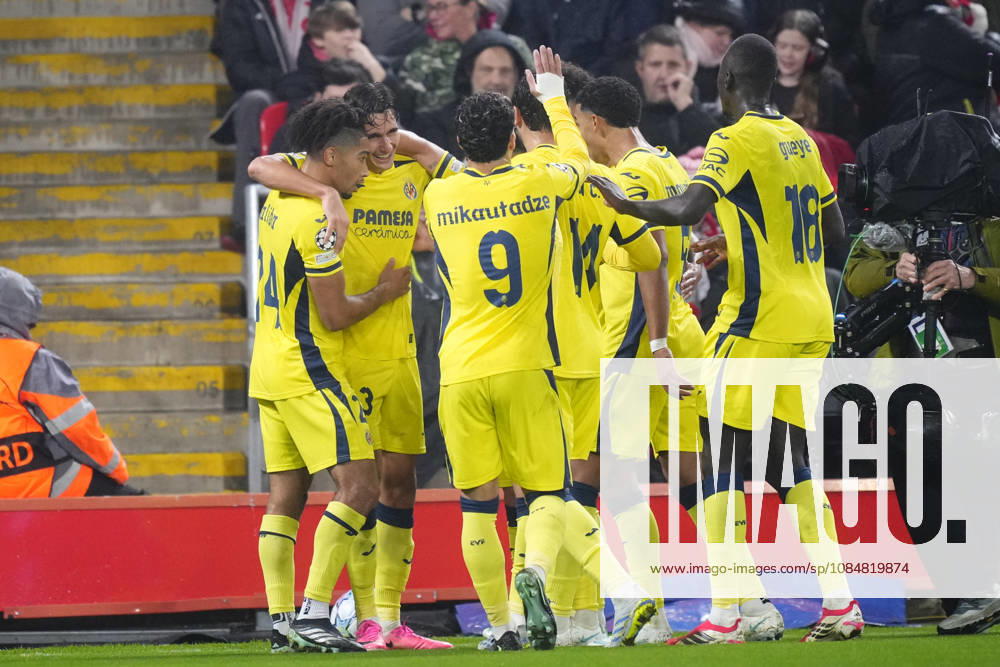 Liverpool FC v Villarreal CF - UEFA Champions League 2026 27 League Phase MD3 Sergi Cardona left-back of Villarreal and Spain celebrates after scoring his sides first goal during the UEFA Champions League 2026 27 League Phase MD3 match between Liverpool FC and Villarreal CF at Anfield on October 20, 2026 in Liverpool, United Kingdom. Liverpool England United Kingdom