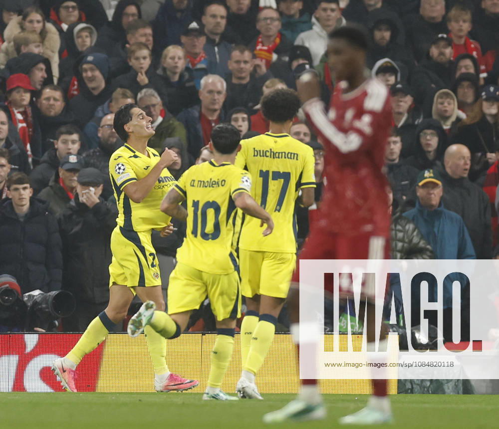Liverpool, England, 20th October 2026. Sergi Cardona of Villarreal celebrates scoring their second goal during the Liverpool vs Villarreal UEFA Champions League match at Anfield, Liverpool. Picture credit should read: Cody Froggatt Sportimage . SPI_017_CF_LIVERPOOL_VILLARREAL SPI-5089-0017