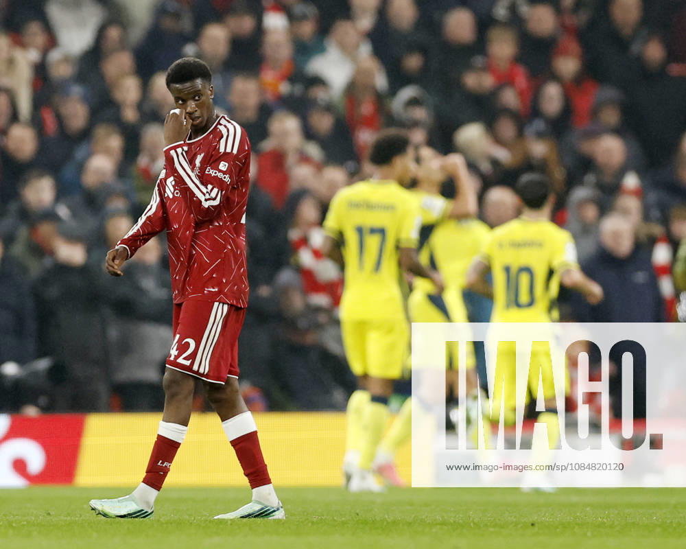 Liverpool, England, 20th October 2026. Trey Nyoni of Liverpool dejected following the second Villarreal goal during the Liverpool vs Villarreal UEFA Champions League match at Anfield, Liverpool. Picture credit should read: Cody Froggatt Sportimage . SPI_018_CF_LIVERPOOL_VILLARREAL SPI-5089-0018