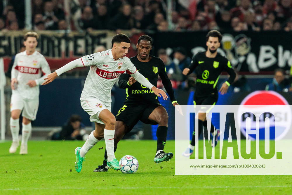 Bilal El Khannouss (VfB Stuttgart, 11) controls the ball against Jonathan David (Atletico de Madrid, 15) during the UEFA Champions League match between VfB Stuttgart vs. Atletico de Madrid at Arena Stuttgart on matchday 3 of the UEFA Champions League on October 20, 2026 in Stuttgart, Germany. Baden-Wuerttemberg Germany