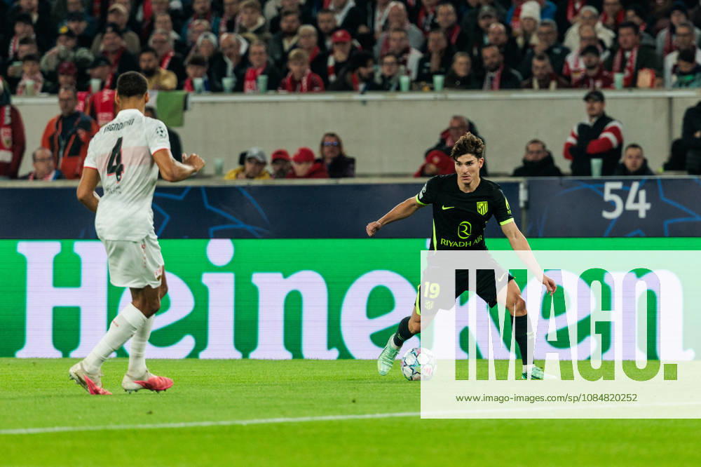 Julian Alvarez (Atletico de Madrid, 19) controls the ball against Josha Vagnoman (VfB Stuttgart, 4) during the UEFA Champions League match between VfB Stuttgart vs. Atletico de Madrid at Arena Stuttgart on matchday 3 of the UEFA Champions League on October 20, 2026 in Stuttgart, Germany. Baden-Wuerttemberg Germany