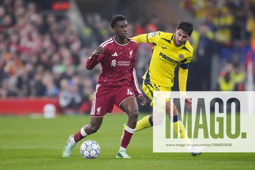 Liverpool FC v Villarreal CF - UEFA Champions League LIVERPOOL, UNITED KINGDOM - OCTOBER 20:Trey Nyoni central midfield of Liverpool and England and Santi Comesana central midfield of Villarreal and Spain compete for the ball during the UEFA Champions League 2026 27 League Phase MD3 match between Liverpool FC and Villarreal CF at Anfield on October 20, 2026 in Liverpool, United Kingdom. Jose Hernandez Anadolu Liverpool United Kingdom. Editorial use only. Please get in touch for any other usage.