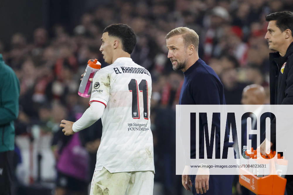 Bilal El Khannouss (VfB Stuttgart), 11, and Sebastian Hoeneß (Hoeness VfB Stuttgart), coaches in dialogue, in conversation, exchanging ideas, communicating, Germany, soccer, UEFA Champions League, Matchday 3, 2026–2027, VfB Stuttgart vs. Atlético Madrid, October 20, 2026, Stuttgart Arena, Stuttgart, Germany