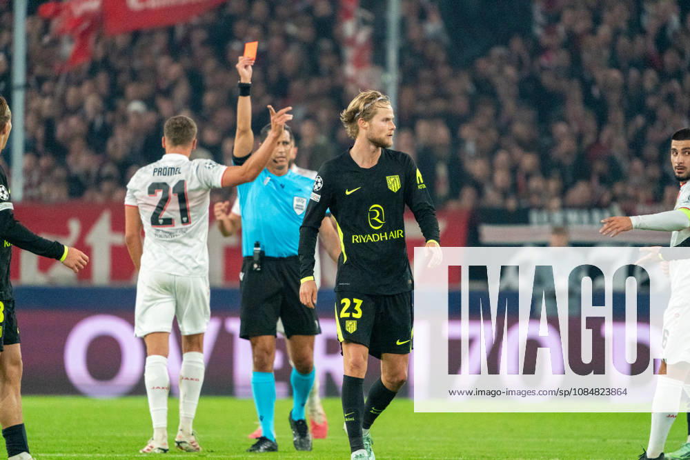 Morten Hjulmand (Atletico Madrid, 23) gets the red card seen during UEFA Champions League 2026 2027 league phase game between teams of VfB Stuttgart and Atletico Madrid (Pia Schindler Ball Raw Images) Stuttgart MHP Arena Germany
