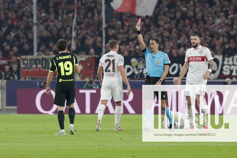 Pictured from left: Julian Alvarez, Atlético Madrid, 19; Grischa Proemel, VfB Stuttgart, 21, Angelo Stiller (VfB Stuttgart), 6 (on the ground), and Jeff Chabot (VfB Stuttgart), 24; red card for Morten Hjulmand (Atlético Madrid), 23 (not pictured); October 20, 2026, VfB Stuttgart vs. Atlético Madrid, UEFA Champions League, Matchday 3, Germany, Stuttgart, MHP Arena. DFL regulations prohibit any use of photographs as image sequences and or quasi-video.