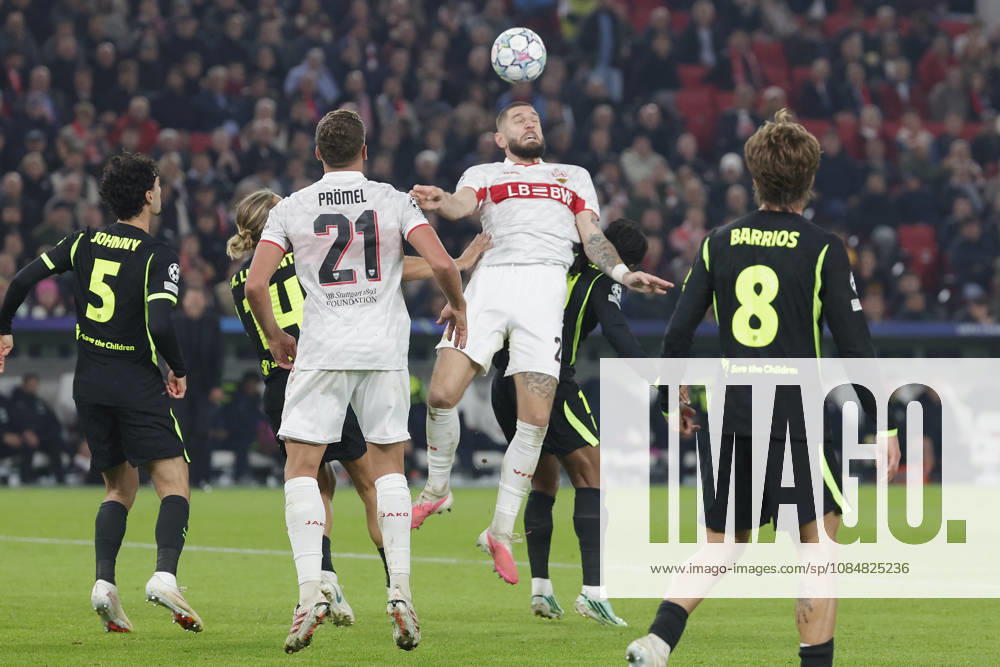 Pictured from left: Johnny Cardoso (Atlético Madrid, 5), Marcos Llorente (Atlético Madrid, 14), Grischa Proemel (VfB Stuttgart, 21, Grischa Proemel (VfB Stuttgart, 21) heading the ball against Ademola Lookman (Atlético Madrid, 11) and Pablo Barrios (Atlético Madrid, 8) 20 10 2026, VfB Stuttgart vs. Atlético Madrid, UEFA Champions League, Matchday 3, Germany, Stuttgart, MHP Arena. DFL regulations prohibit any use of photographs as image sequences and or quasi-video.