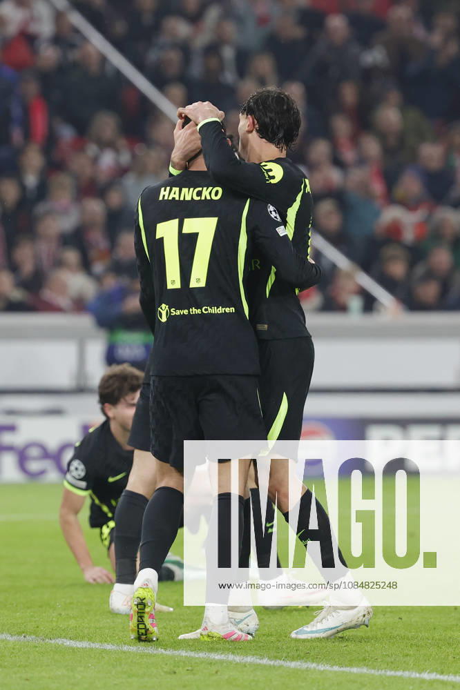 Pictured from left: David Hancko of Atlético Madrid, 17, and Marc Pubill of Atlético Madrid, 18, congratulate each other on October 20, 2026, VfB Stuttgart vs. Atlético Madrid, UEFA Champions League, Matchday 3, Germany, Stuttgart, MHP Arena, DFL REGULATIONS PROHIBIT ANY USE OF PHOTOGRAPHS AS IMAGE SEQUENCES AND OR QUASI-VIDEO