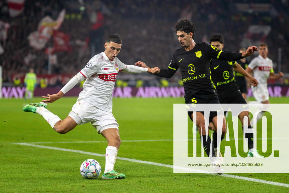 Bilal El Khannouss (VfB Stuttgart) and Johnny, Joao Lucas de Souza Cardoso (Atlético Madrid), Germany, Stuttgart, October 20, 2026, Soccer, UEFA Champions League: VfB Stuttgart vs. Atlético Madrid, 2026–2027 season, Match Day 3, MHP Arena