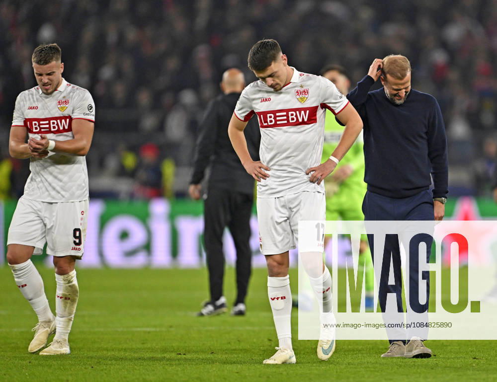 2026–2027 UEFA Champions League, Matchday 3, VfB Stuttgart vs. Atlético Madrid, at the MHP Arena in Stuttgart; from left: Ermedin Demirovic (Stuttgart), Dzenan Pejcinovic (Stuttgart), and coach Sebastian Hoeneß (Stuttgart) are disappointed
