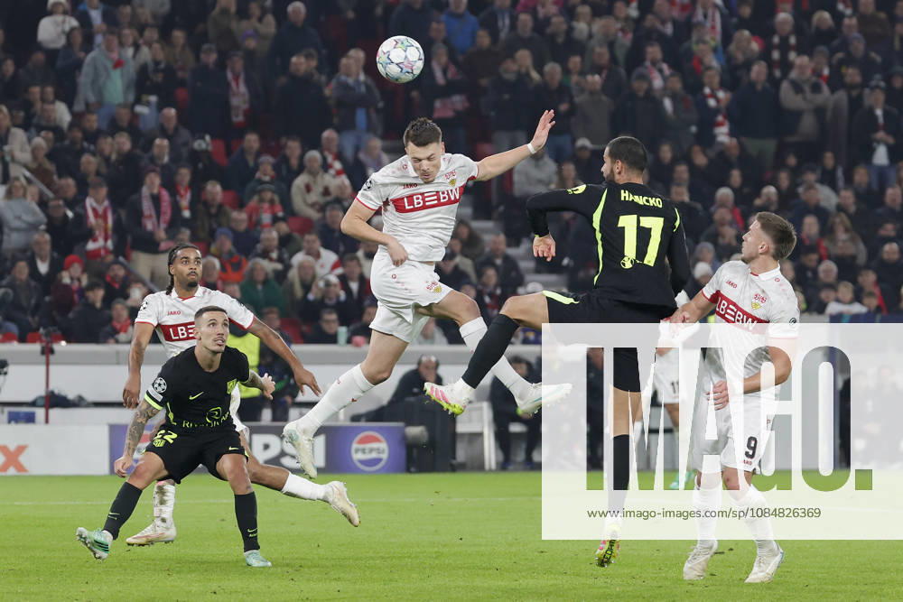 Pictured, from left: Dzenan Pejcinovic of VfB Stuttgart, 25, scoring with a header against David Hancko of Atlético Madrid, 17, 20 10 2026, VfB Stuttgart vs. Atlético Madrid, UEFA Champions League, Matchday 3, Germany, Stuttgart, MHP Arena, DFL REGULATIONS PROHIBIT ANY USE OF PHOTOGRAPHS AS IMAGE SEQUENCES AND OR QUASI-VIDEO