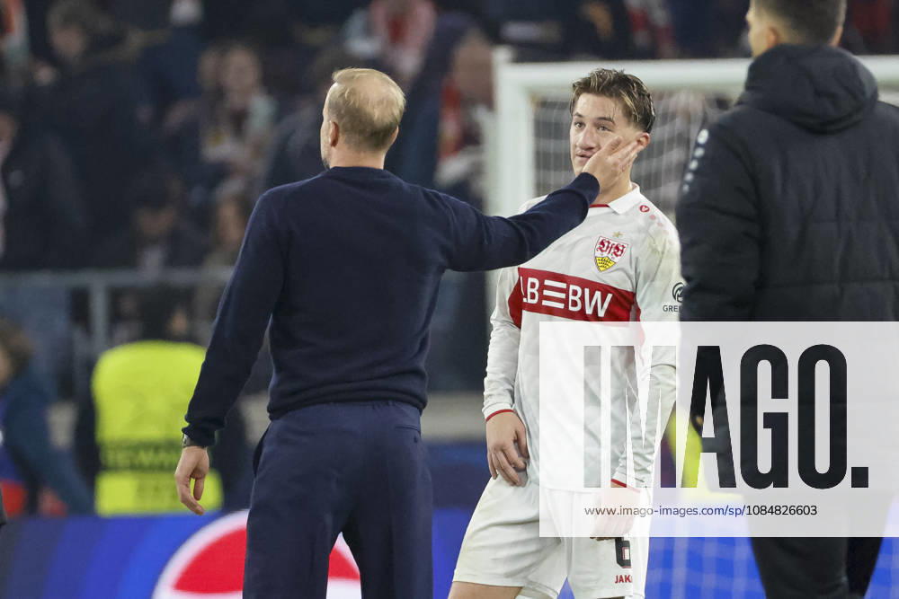 Sebastian Hoeneß, Hoeness VfB Stuttgart, coach, and Angelo Stiller, VfB Stuttgart, 06 after the game, Germany, soccer, UEFA Champions League, Matchday 3, 2026–2027, VfB Stuttgart vs. Atlético Madrid, October 20, 2026, Stuttgart Arena, Stuttgart, Germany