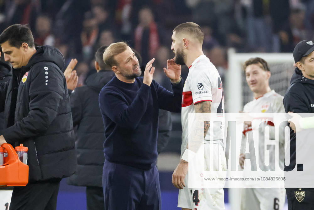 Sebastian Hoeneß, Hoeness VfB Stuttgart, coach, and Jeff Chabot, VfB Stuttgart, 24, after the game, Germany, soccer, UEFA Champions League, Matchday 3, 2026–2027, VfB Stuttgart vs. Atlético Madrid, October 20, 2026, Stuttgart Arena, Stuttgart, Germany