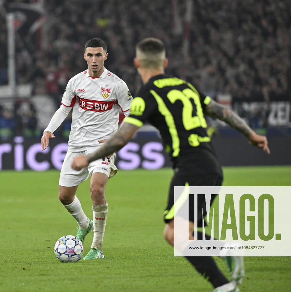Bilal El Khannouss (VfB Stuttgart 11) vs. Alejandro Grimaldo (Atlético de Madrid 22) Champions League: VfB Stuttgart vs. Atlético Madrid, October 20, 2026. DFL regulations prohibit any use of photographs as image sequences and or quasi- VIDEO Champions League VfB Stuttgart vs. Atlético Madrid