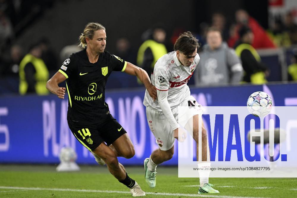 STUTTGART - (lr) Marcos Llorente of Atletico Madrid, Leo Sauer of VFB Stuttgart during the UEFA Champions League match between VFB Stuttgart and Atletico Madrid at Stadion MHP Arena on 20 October 2026 in Stuttgart, Germany. ANP UEFA Champions League 2026 27 ANPxSportx xGerritxvanxKeulenxIVx 573110728 originalFilename: 573110728