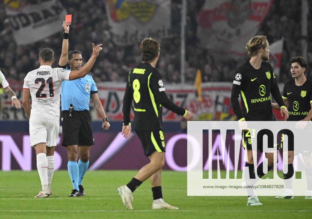 Referee Serdar Goezuebueyuek (NED) shows Morten Hjulmand of Atlético de Madrid 23 a red card, sending him off for a serious foul. Champions League: VfB Stuttgart vs. Atlético Madrid, October 20, 2026. DFL regulations prohibit any use OF PHOTOGRAPHS AS IMAGE SEQUENCES AND OR QUASI-VIDEO Champions League: VfB Stuttgart vs. Atlético Madrid