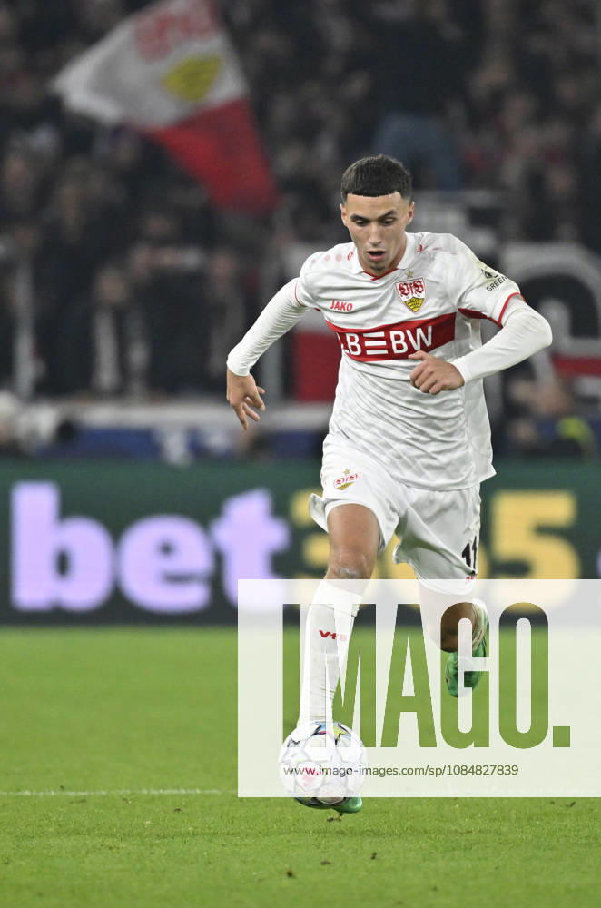 Bilal El Khannouss, VfB Stuttgart 11, in action with the ball; in the background, perimeter advertising featuring the bet365 SPORTWETTEN logo; Champions League: VfB Stuttgart vs. Atlético Madrid, October 20, 2026. DFL regulations prohibit any use of photographs as image content.QUENCES AND OR QUASI-VIDEO Champions League VfB Stuttgart vs. Atlético Madrid